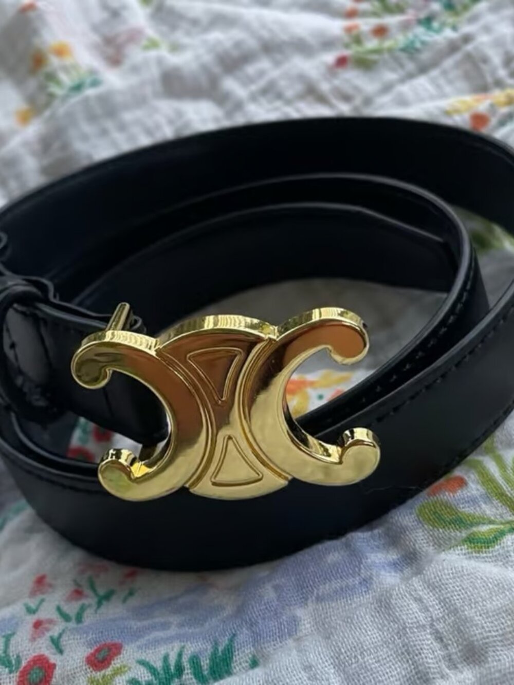 Classic Black Leather Waist Belt with Gold Statement Buckle